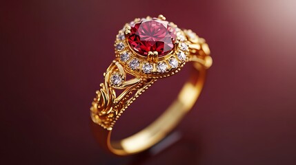 Elegant Ruby Ring with Intricate Gold Band on Luxurious Burgundy Background - 3D Rendering for Jewelry Concept Design