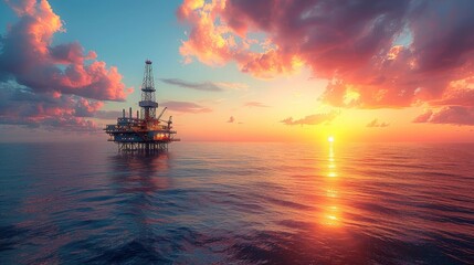 Fototapeta premium Offshore oil rig drilling platform at sunset. 