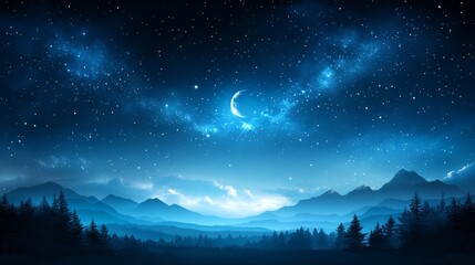 Fototapeta premium Night sky with crescent moon over mountains
