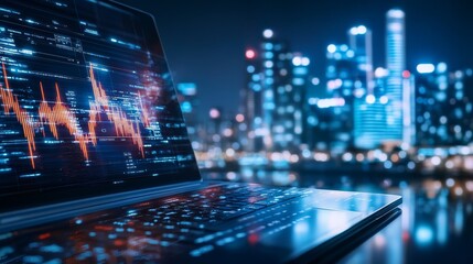 Laptop with Stock Market Data Over Cityscape