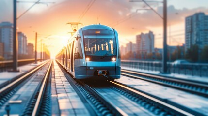 Modern Train on City Tracks at Sunrise