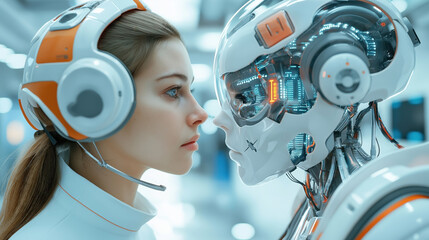 Fototapeta premium Close-up of a female technician wearing a headset interacting closely with a humanoid robot, showcasing advanced technology and human-robot interaction in a modern setting.