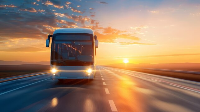 Bus on Open Highway at Sunrise