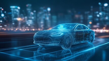 Futuristic smart car in digital city environment