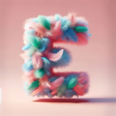 Letter E designed using an assortment of pink, blue, and teal feathers, presented on a soft pink backdrop..Concept: Whimsical typography, textured letterform, delicate and playful design.