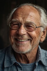Obraz premium Joyful Senior Man Smiling Warmly Against Dark Background in Casual Attire