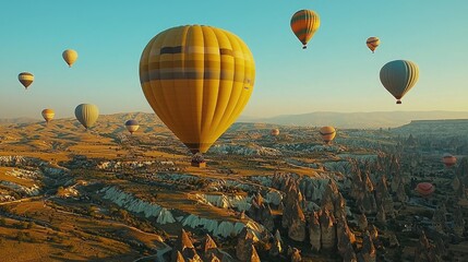 Naklejka premium Aerial View of Colorful Hot Air Balloons Floating over the Stunning Cappadocia Landscape in Turkey