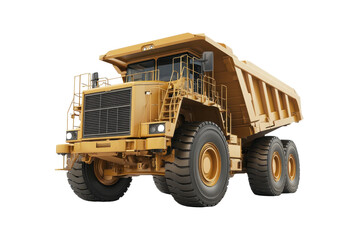 High-resolution image of a large yellow dump truck used for construction and mining purposes, isolated on a transparent background.