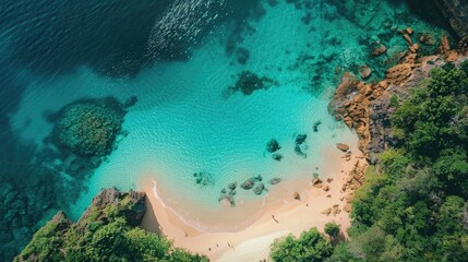 Obraz premium Aerial View of a Secluded Beach Cove with Crystal Clear Water