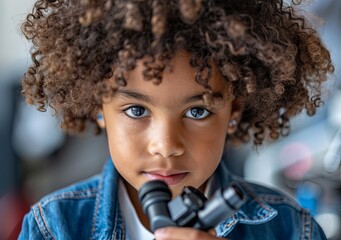 boy in white lab coat with microscope standing in chemistry and biology class, looking up with curiosity and wonder, education, creativity, and exploration of scientific ideas