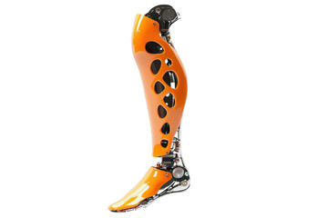 Naklejka premium Modern orange prosthetic leg with sleek design and mechanical components, representing advanced technology in artificial limbs.