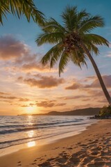 Fototapeta premium Tropical Beach Sunset with Palm Trees During Golden Hour
