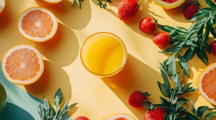 Glass of orange juice surrounded by grapefruits and strawberries on yellow background