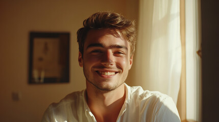 Portrait of a young Greek man with an open smile, taken on a summer day in an Athenian apartment. A white T-shirt, bright eyes and a short hairstyle add freshness and dynamics to the image.