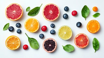 Fresh fruit pattern composition with citrus and berries on white background