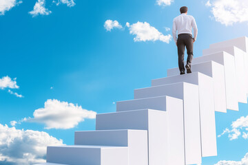 A business person climbing a staircase made of bar charts, each step representing growth, with a clear sky above