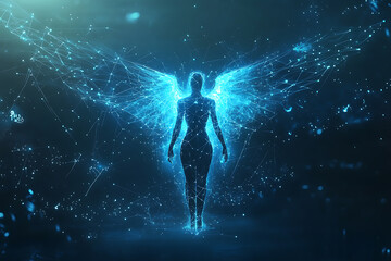 Abstract digital background banner featuring an angel with data connection elements in blue and black colors