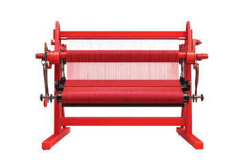 Red handloom weaving machine with threads. Traditional textile manufacturing equipment. Front view isolated on transparent background.