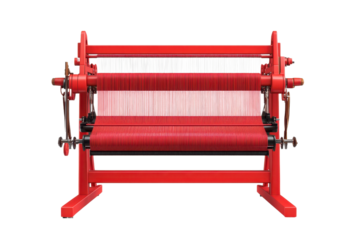 Red handloom weaving machine with threads. Traditional textile manufacturing equipment. Front view isolated on transparent background.