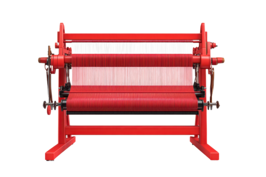 Red handloom weaving machine with threads. Traditional textile manufacturing equipment. Front view isolated on transparent background.