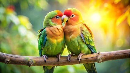 Obraz premium Two adorable parakeets snuggle up together, perched on a verdant branch, their vibrant plumage glistening in the warm sunlight, exuding tender affection and companionship.