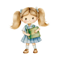Cute schoolgirl holding a book, watercolour illustration isolated on a transparent background