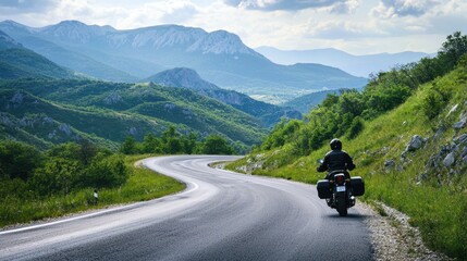 Adventure Seeker Riding Motorcycle on Serpentine Mountain Road with Breathtaking View Ahead
