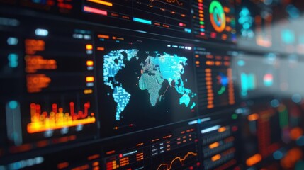 Fototapeta premium Detailed digital display featuring a world map, data visualizations, and vibrant analytics. Ideal for technology and data themes.