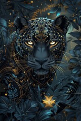 Card-style illustration of The Mysterious Panther of the Deep Jungle 🐾🌌 Dark gray, gold, and azure colors with glass star accents add sophistication and highlight the panther's regal essence.