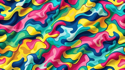 Fototapeta premium Vibrant, abstract camouflage pattern features swirling shapes and bright, bold colors in pink, blue, yellow, and green, adding a playful twist to traditional military design.