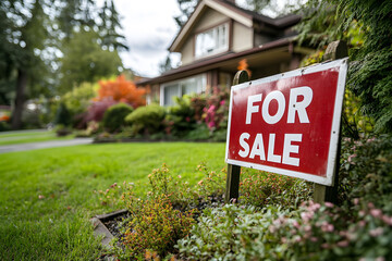 For Sale sign displayed in front of an elegant suburban home with lush landscaping, symbolizing the real estate market and home buying concepts.