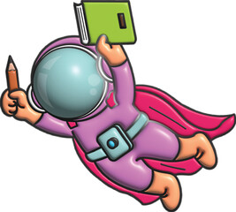  3d illustrasion cute kawai astronaut fly while reading a book