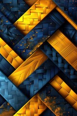 Golden geometric patterns with diagonal lines on a textured blue background