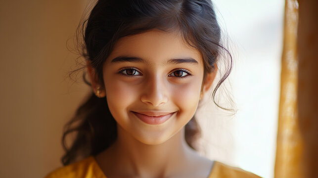 Portrait of a Bangladeshi girl with a gentle smile, shot in a bright apartment in Dhaka. Her light summer sarka and sparkling eyes convey inner harmony and benevolence.
