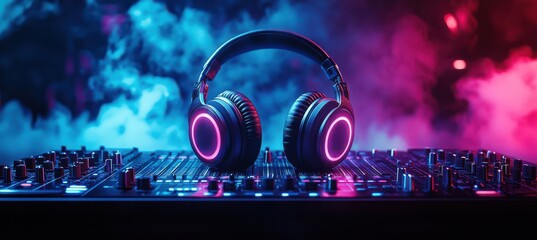 Colorful DJ headphones on DJ console in the background of a fuzzy smoky dark nightclub