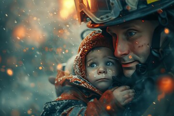 Fototapeta premium Firefighter Rescuing Child From Dangerous Situation While Snow Falls During Winter