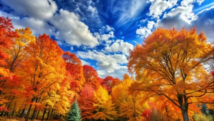 Fototapeta premium Vibrant autumn leaves in shades of orange, yellow, and red cling to branches of towering trees, set against a clear blue sky with soft white clouds.