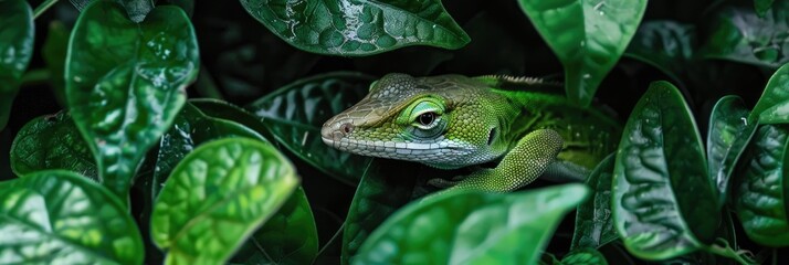 Obraz premium Green Anole Blending into Leaves