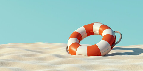 Naklejka premium Orange and White Lifebuoy on Sandy Beach Under Clear Blue Sky - Coastal Safety and Summer Vacation Concept