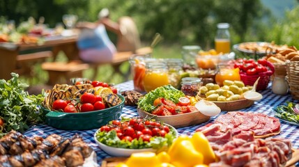 Summer Picnic Spread: Fresh Salads, Grilled Meats, and Seasonal Fruits on Outdoor Table under Clear Sky.