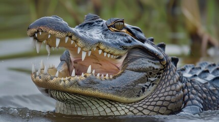 Fototapeta premium A close-up of a crocodile's head emerging from the water, showcasing its teeth and eyes.
