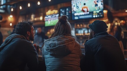 Fans huddled in a bar, eyes on the screen, united in excitement and cheers for the game.