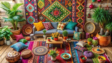 Vibrant Boho Rhapsody - Eclectic flat lay, vibrant colors, ethnic patterns, bohemian vibes