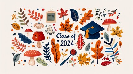 Fototapeta premium Autumn-Themed Class of 2024 Banner with Cozy Elements for Fall Graduation Celebration