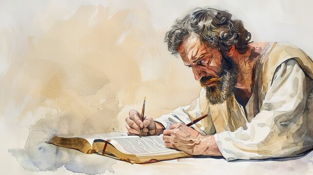 Apostle Matthew Writing Gospel Biblical Illustration on Beige Background with Copyspace Ideal for Religious Content