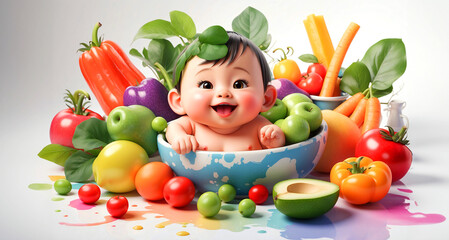 The babe in an environment of the fresh vegetables  and Cute baby boy sitting