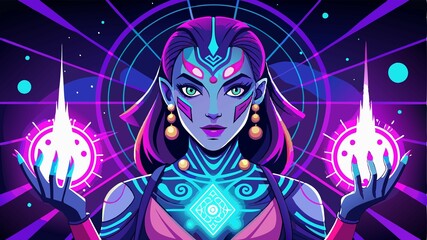 Fototapeta premium Ancient symbols meet neon light, creating a mesmerizing spectacle. A woman with ethnic patterns painted on her face and hand, emphasizing the reimagining of cultural traditions with a modern twist.