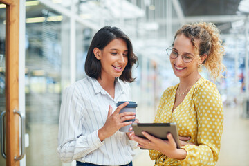 Office, business woman and editor with tablet for reading, news article and political story on...