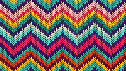 Vibrant colorful knit seamless pattern featuring geometric shapes, chevrons, and swirling motifs, perfect for use as a textile design, wallpaper, or craft project background.