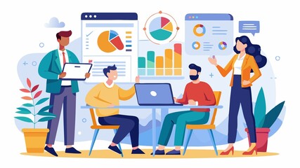 Data-driven decision making for business growth. This scene portrays the team analyzing data to inform strategic choices, emphasizing the use of analytics for informed decision-making.